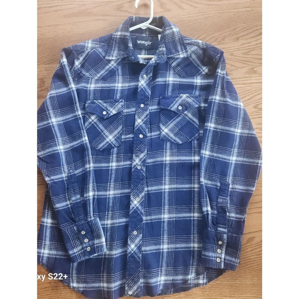 M33 Wrangler Mens Navy & White Plaid Flannel Pearl Snap Western Shirt w pockets